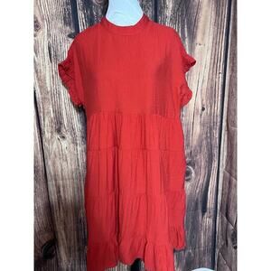 MIHOLL Women Sz L Red Burgandy Summer Casual Ruffle Loose Tiered Babydoll Dress